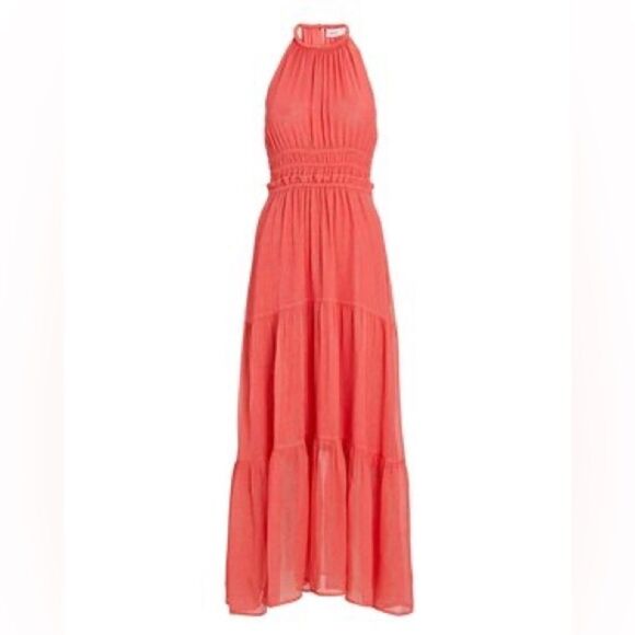 A.L.C. Elara Lurex Silk Maxi Coral Pink Dress Halter Tiered Size 2 - Picture 3 of 8